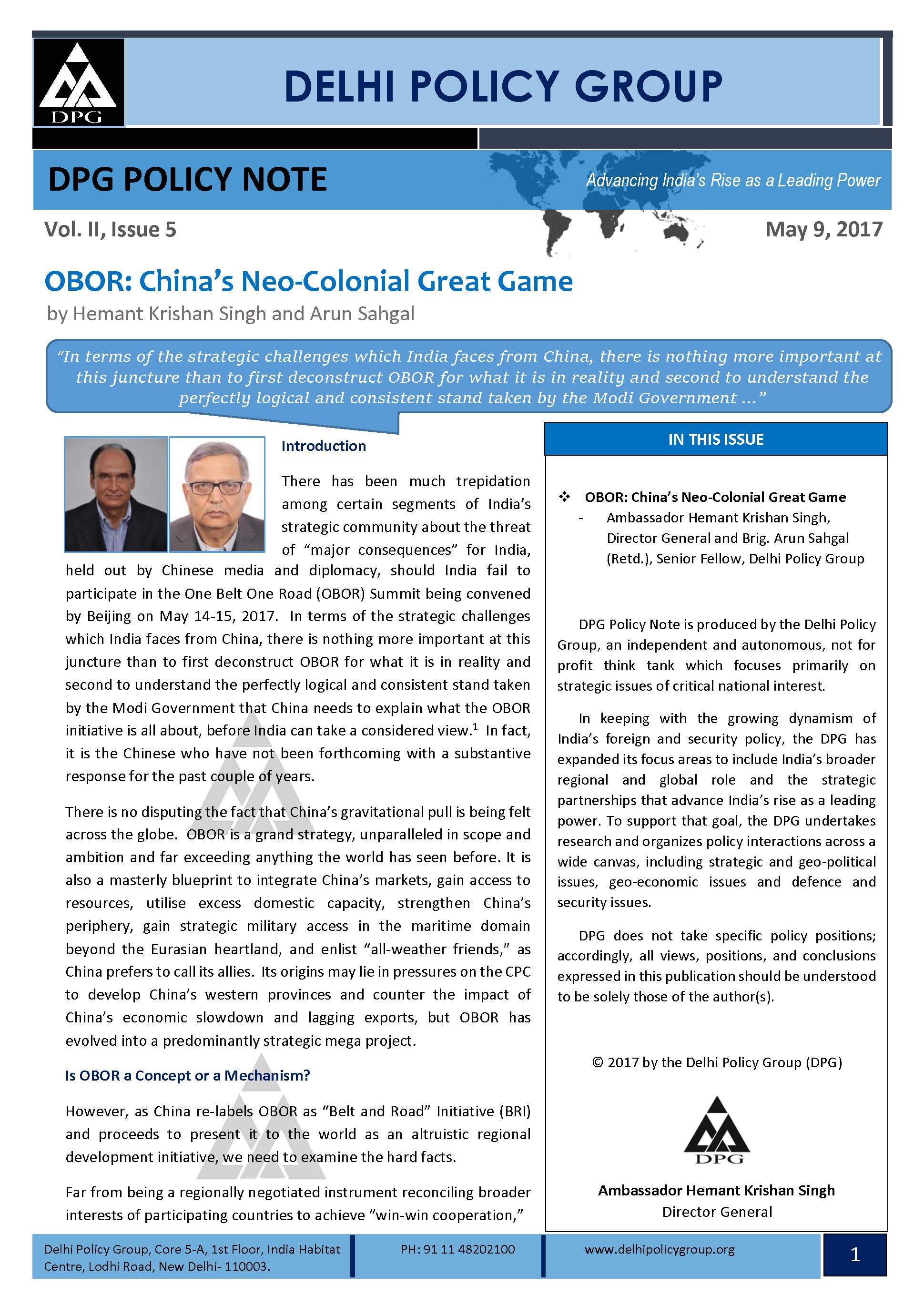 DPG Policy Note Vol. II, Issue 5: OBOR: China's Neo-Colonial Great Game