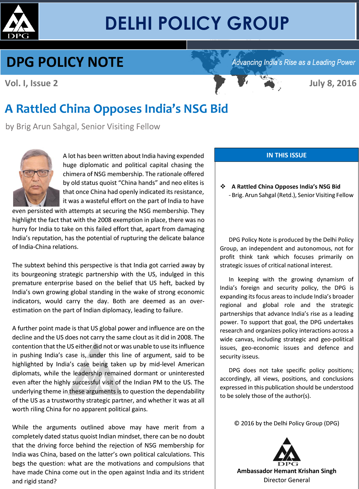 DPG Policy Note Volume 1, Issue 2 : A Rattled China Opposes India's NSG Bid