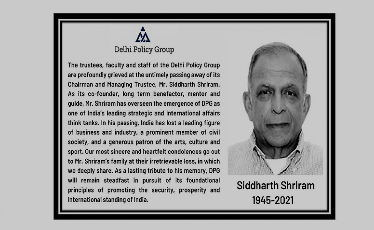 DPG mourns loss of Mr.Siddharth Shriram, Chairman and Managing Trustee